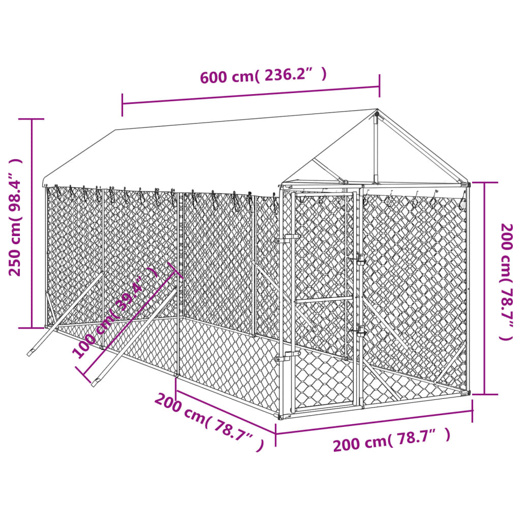 Koiran ulkohäkki katolla hopea 2x6x2,5 m galvanoitu teräs