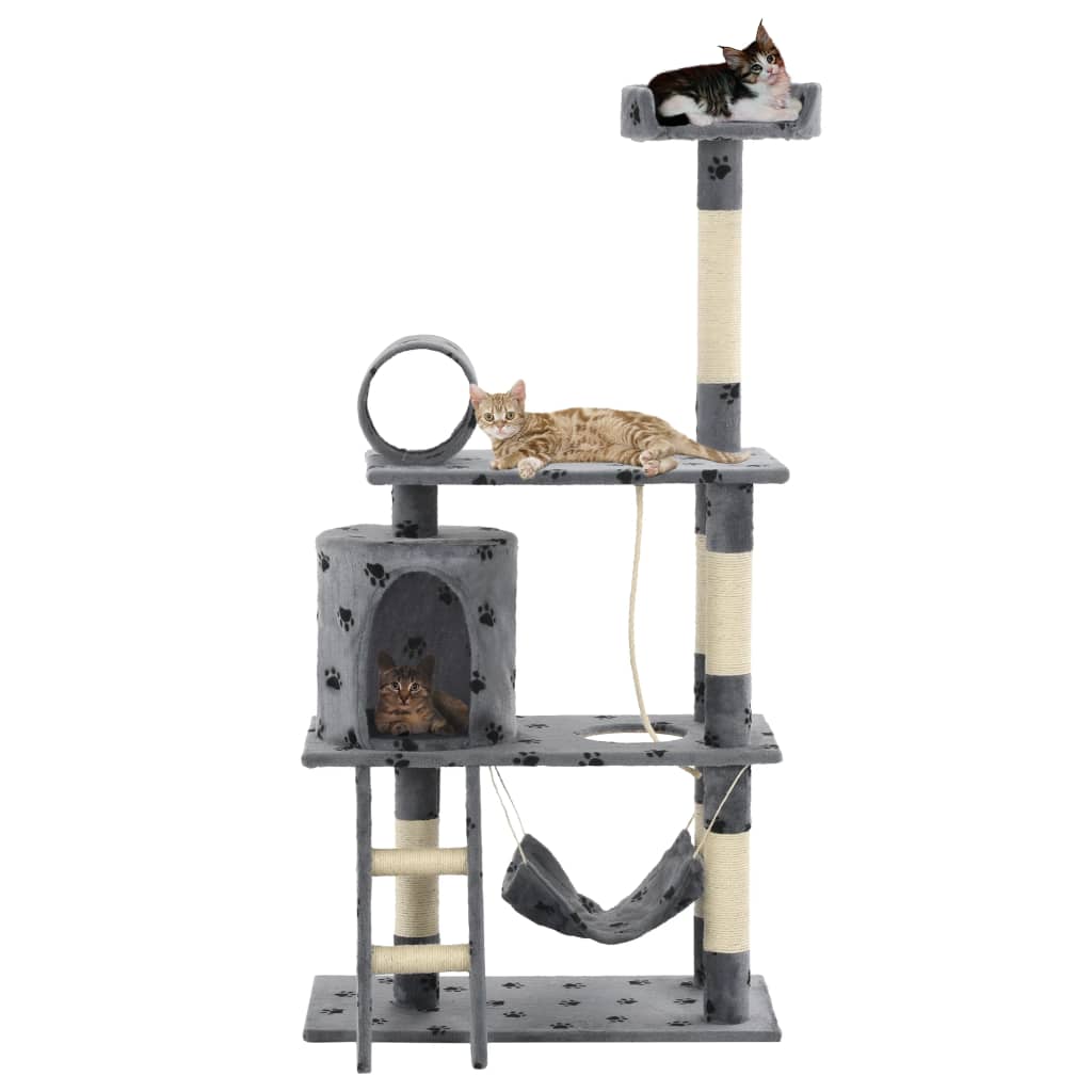 Kissan kiipeilypuu sisal-pylväillä 140 cm tassunjäljet harmaa