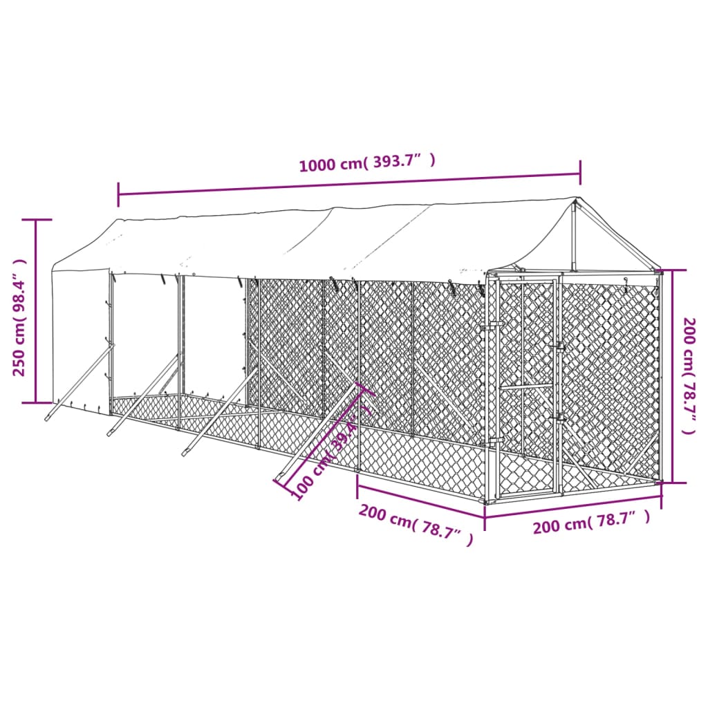 Koiran ulkohäkki katolla hopea 2x10x2,5 m galvanoitu teräs